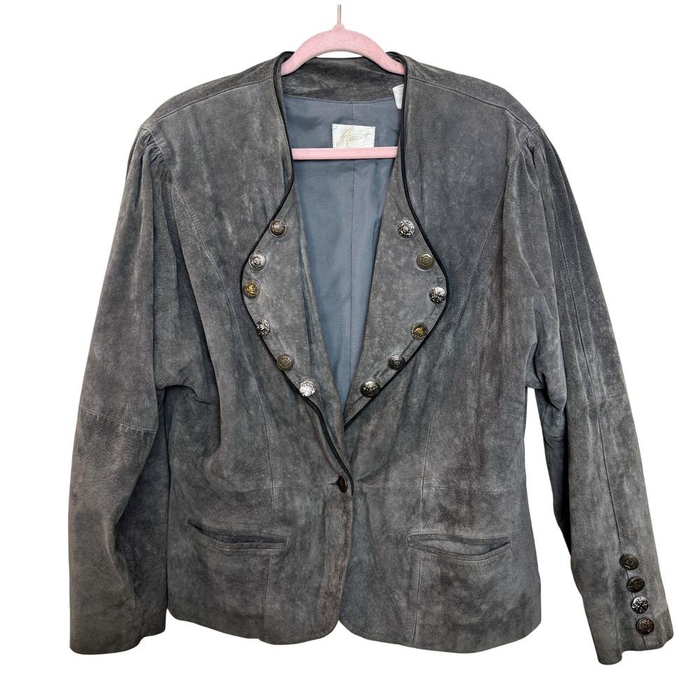 80s Suede Leather Jacket‎ Gray Blazer Novelty Buttons Unique Western Bohemian 16